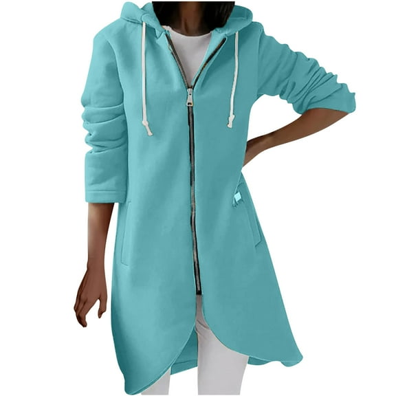 Rohuuque Fall Fashion Hooded Sweatshirts for Women Solid Color Long Coat Zipper Irregular Hem Hooded Sweatshirt Jacket with Pockets Sky Blue