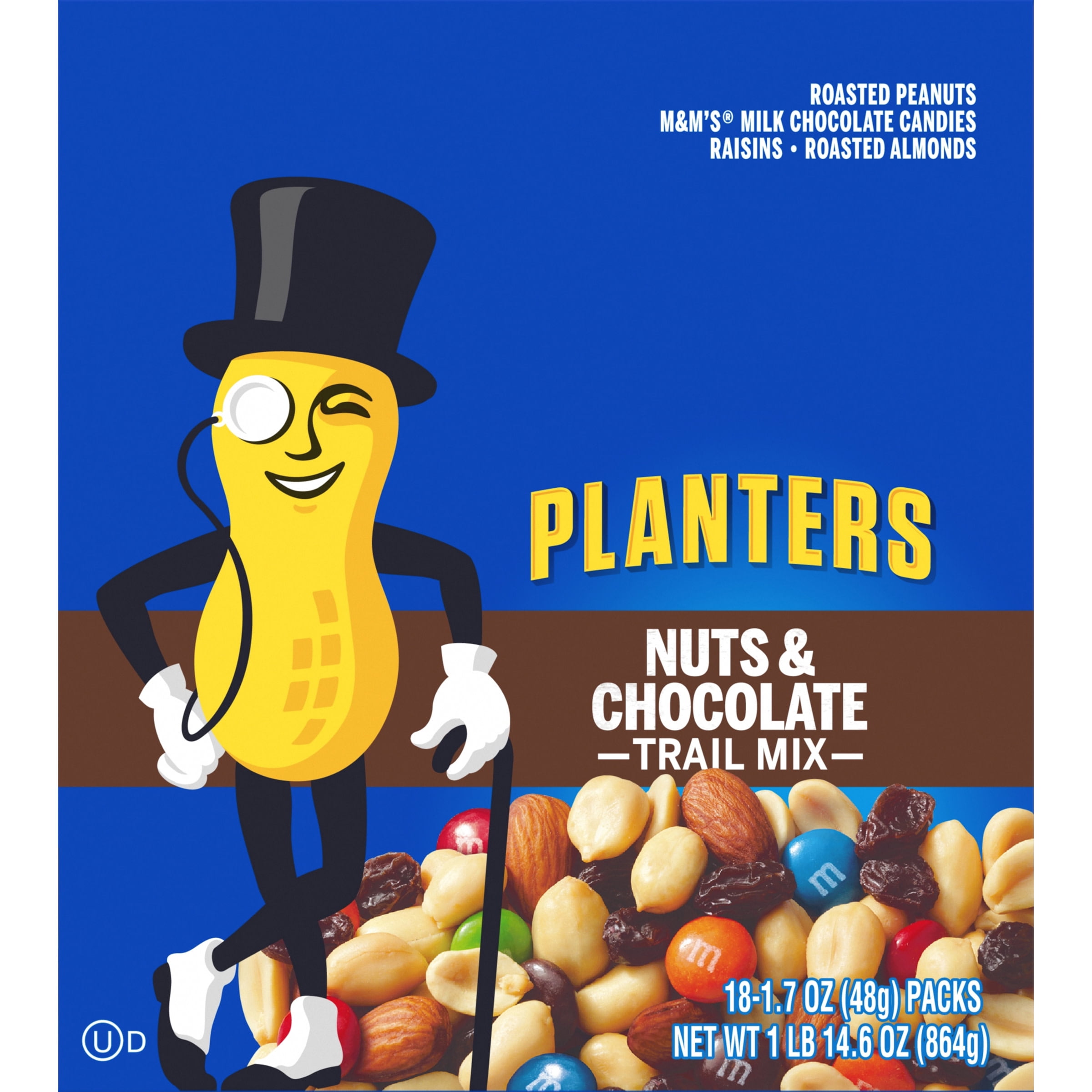 Planters Nuts & Chocolate Trail Mix Roasted Peanuts, M&M Chocolate Candies, Raisins Roasted Almonds, 18 ct Box, 1.7 oz Packs