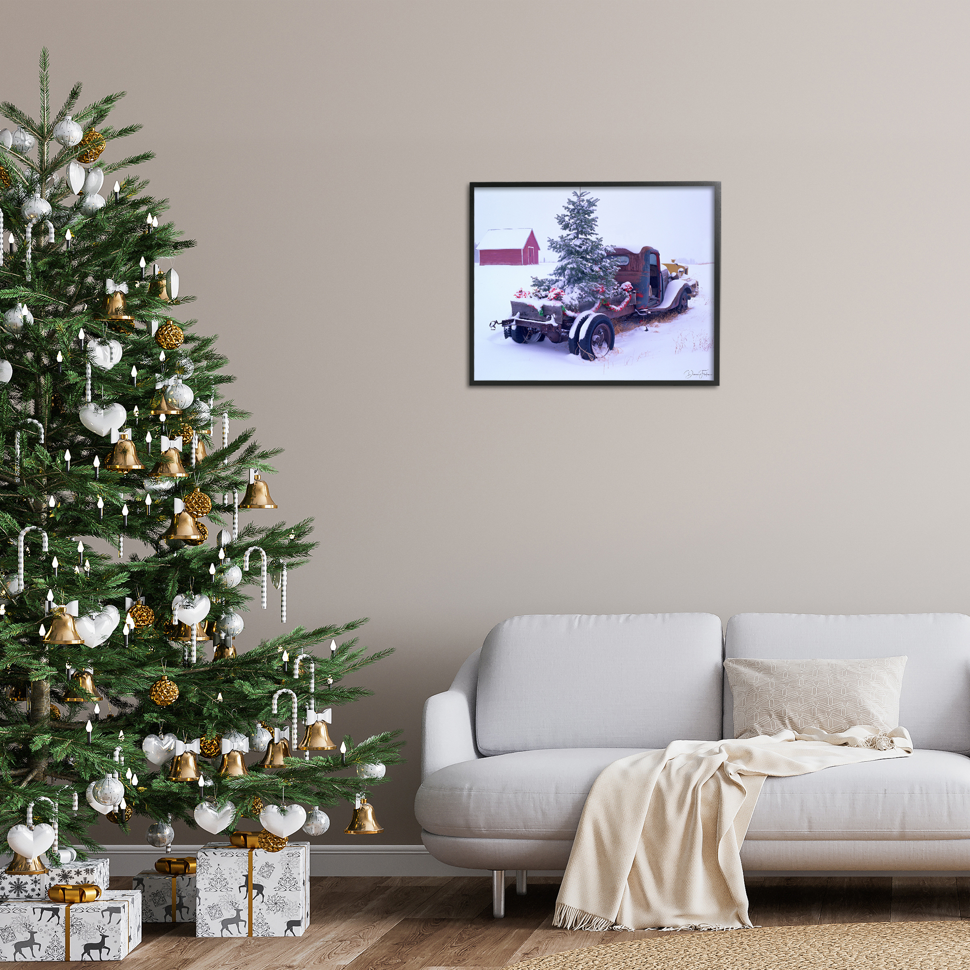 Stupell Industries Christmas Tree Truck Holiday Painting Black Framed Art Print Wall Art, 30 x 24