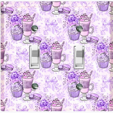 Metal Light Switch Wall Plate Outlet Cover (Coffee Mocha Espresso Chocolate Shake Cupcake Macaron Flower Bouquet Purple Bow - Double Toggle)