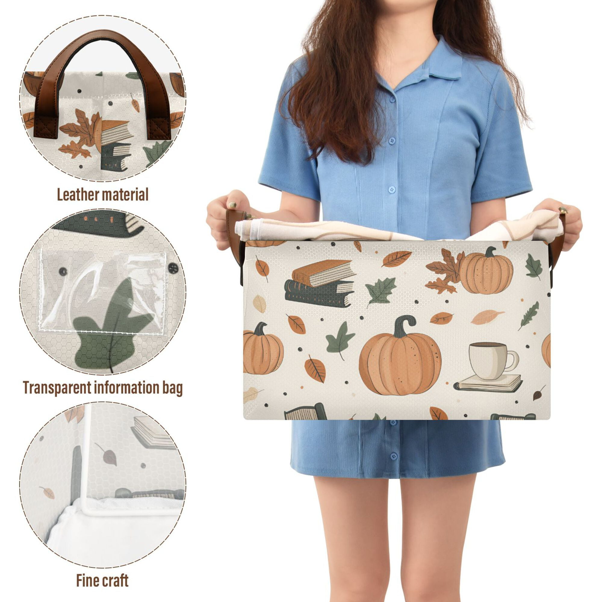 Yayeee Foldable Storage Basket for Shelves with Handles Waterproof Cloth Bins, Beige Fall Leaves