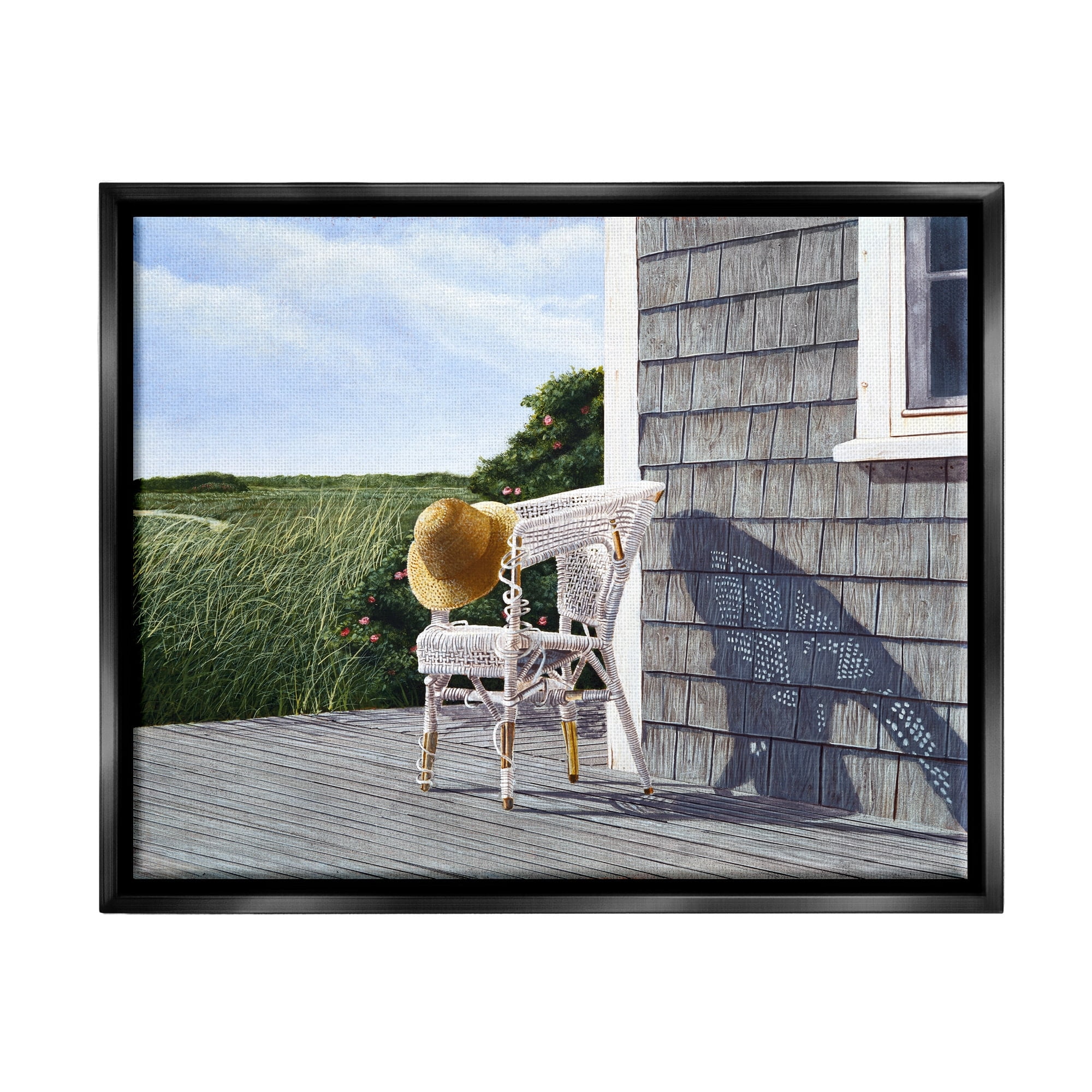 Stupell Industries Seaside Porch Landscape Rural Grassland Hills Painting Jet Black Floating Framed Canvas Print Wall Art, Design by Tom Mielko
