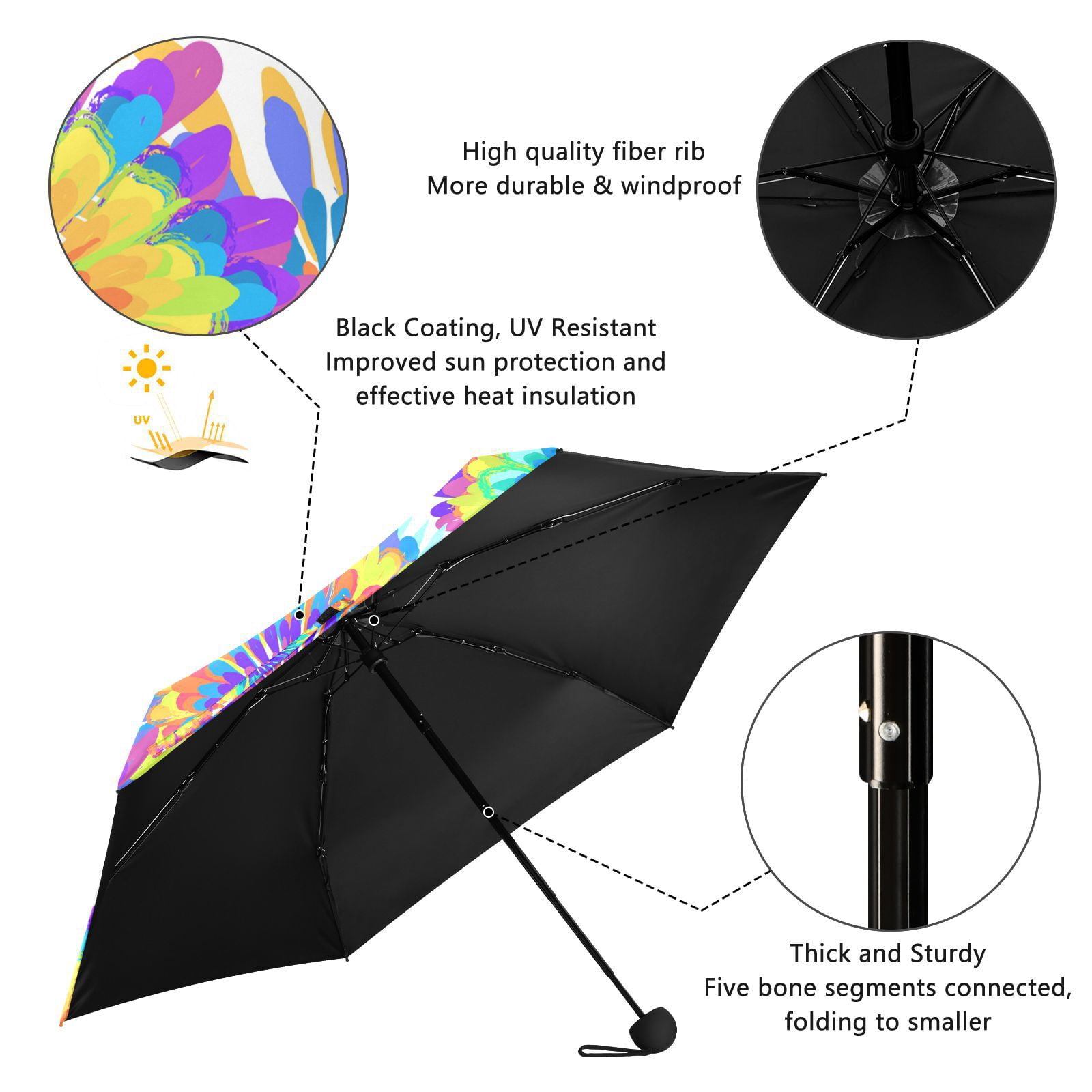 JSTEL Tie Dye Rainbow Circle Folding Umbrella for Rain Sun Travel Mini Lightweight Compact Umbrellas