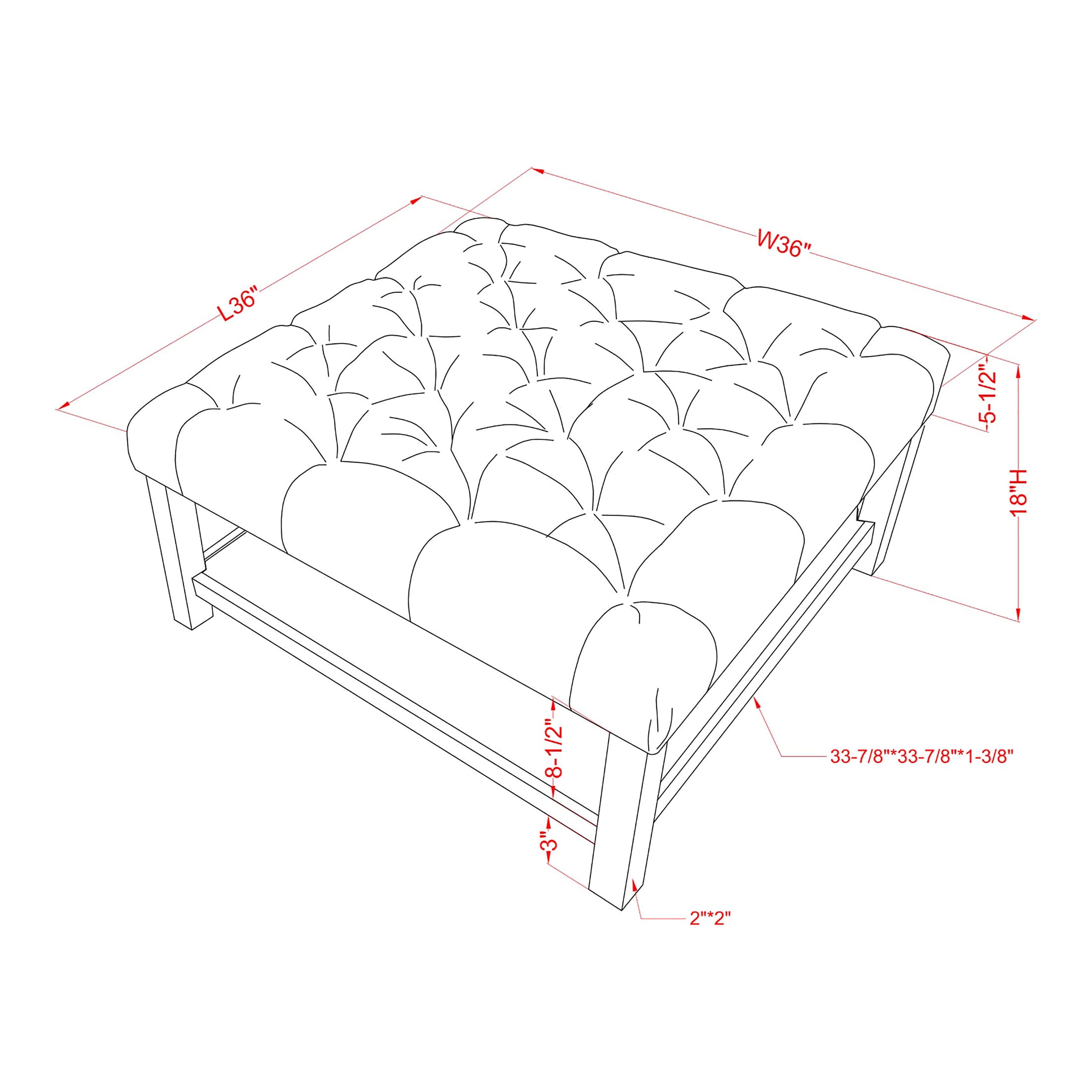 Furniture of America Button Square Coffee Ottoman, Light Gray
