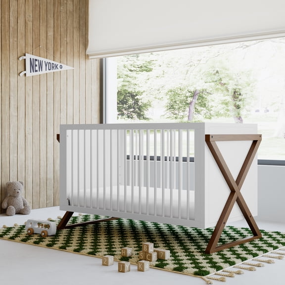 Storkcraft Equinox 3-in-1 Convertible Baby Crib, White with Hazelnut