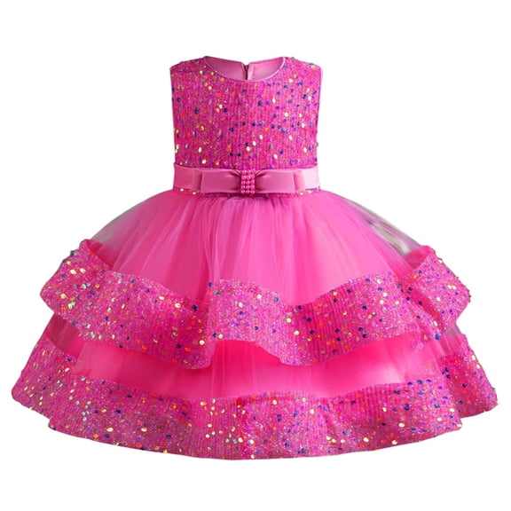 XEGLSBU Girls Dresses 5T Fancy Sparkling Pearl Girls Party Dress for Summer Girl Pageant Gown with Sequin Appliques Hot Pink Size 1-2 Years