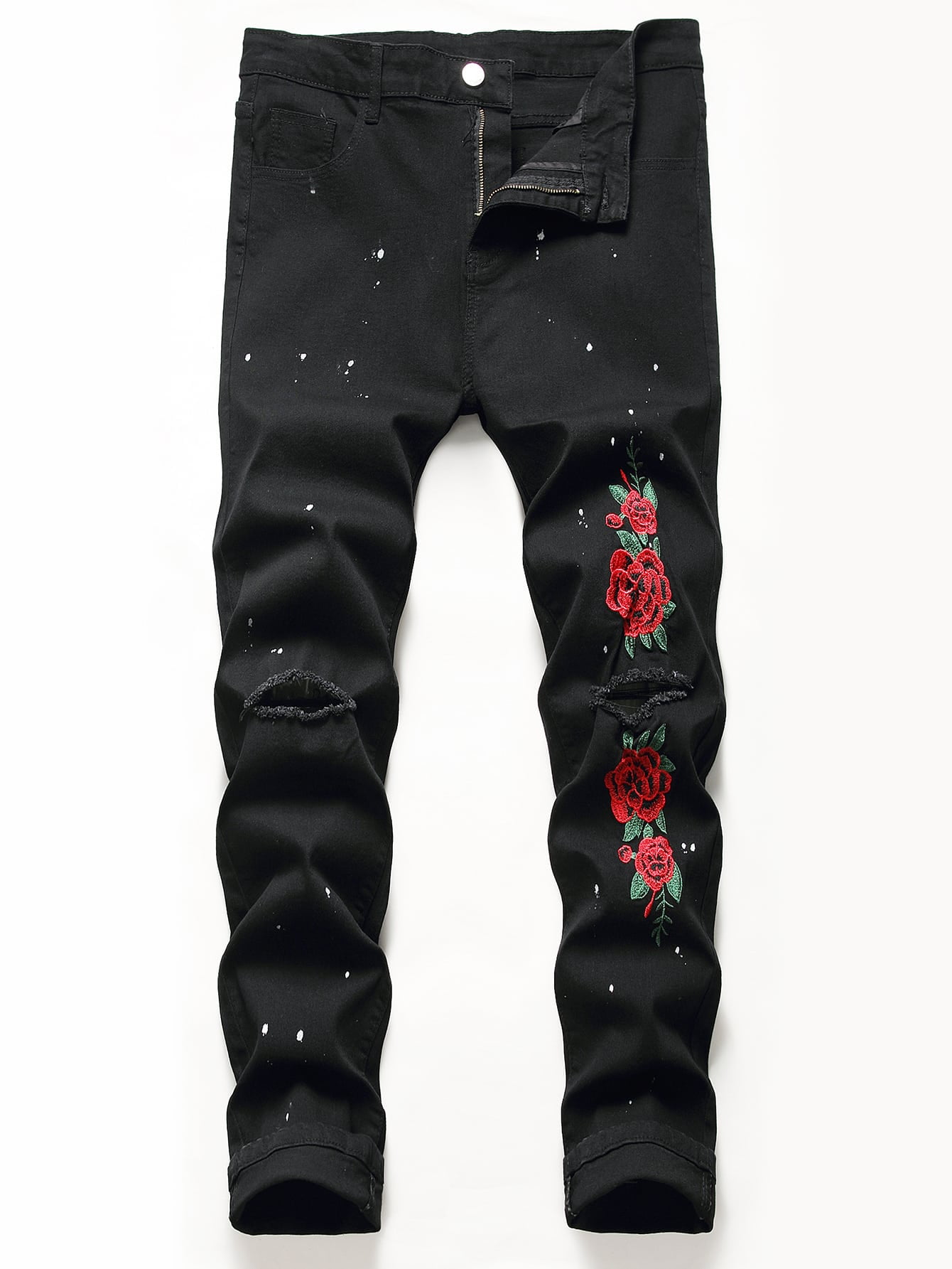 ROMWE Guys Rose Embroidery Ripped Jeans 