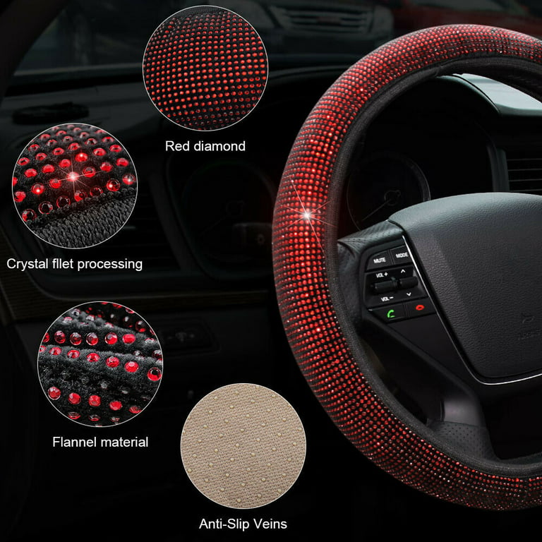 Universal Car Bling Steering Wheel Cover,15 inch Red Diamond Bling Shining  Accessories Anti-Slip Wheel Protector 