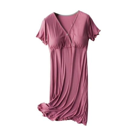 Diufon Women s Maternity Nursing Nightdress Short Sleeve V Neck Nightgowns with Built in Bra Soft Pajama Dress