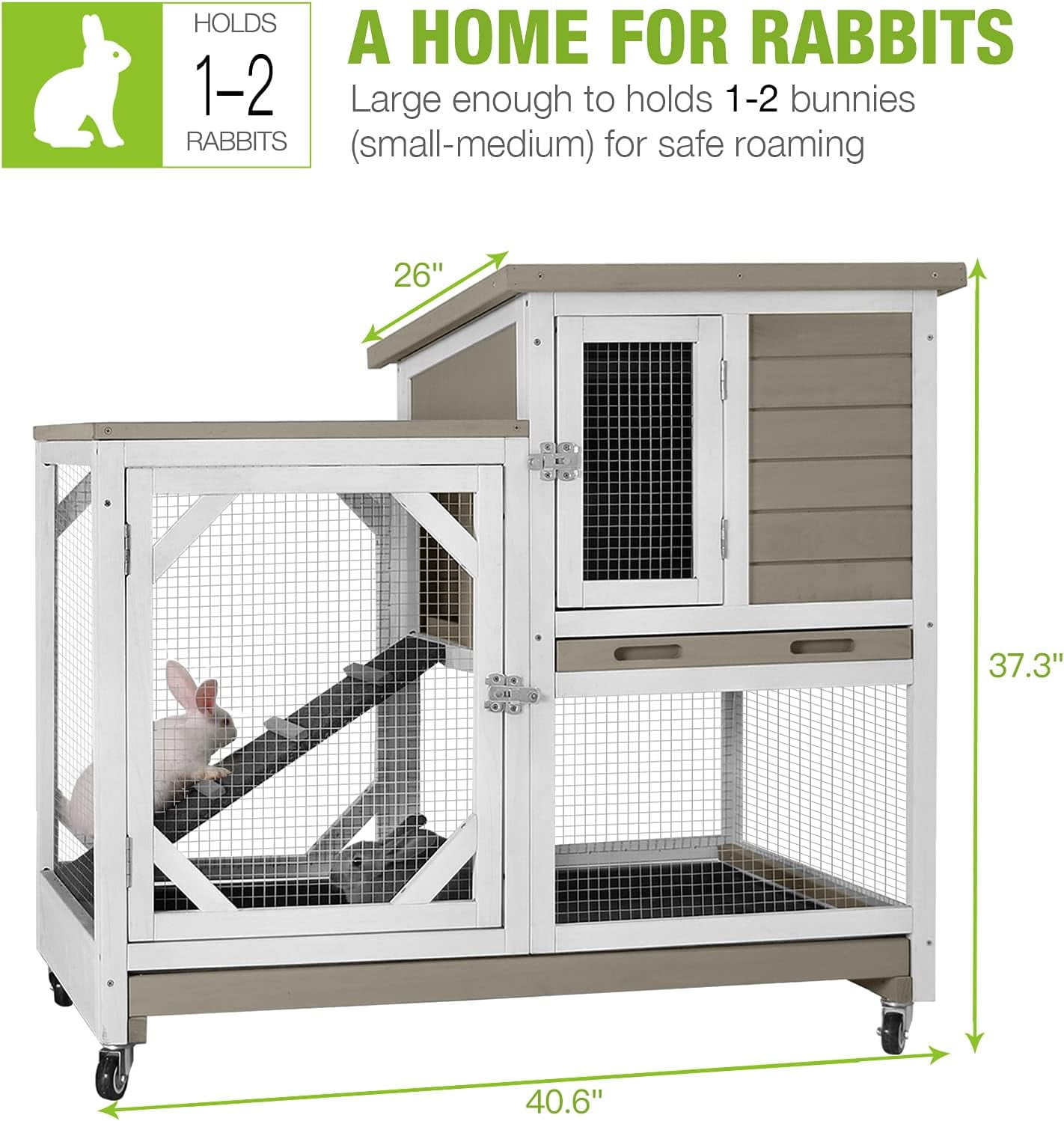 BUTINGLALE Indoor Outdoor Rabbit Hutch, Bunny Cage on Wheels with 2 Deep No Leakage Pull Out Trays (Without Bottom Wire Mocca)