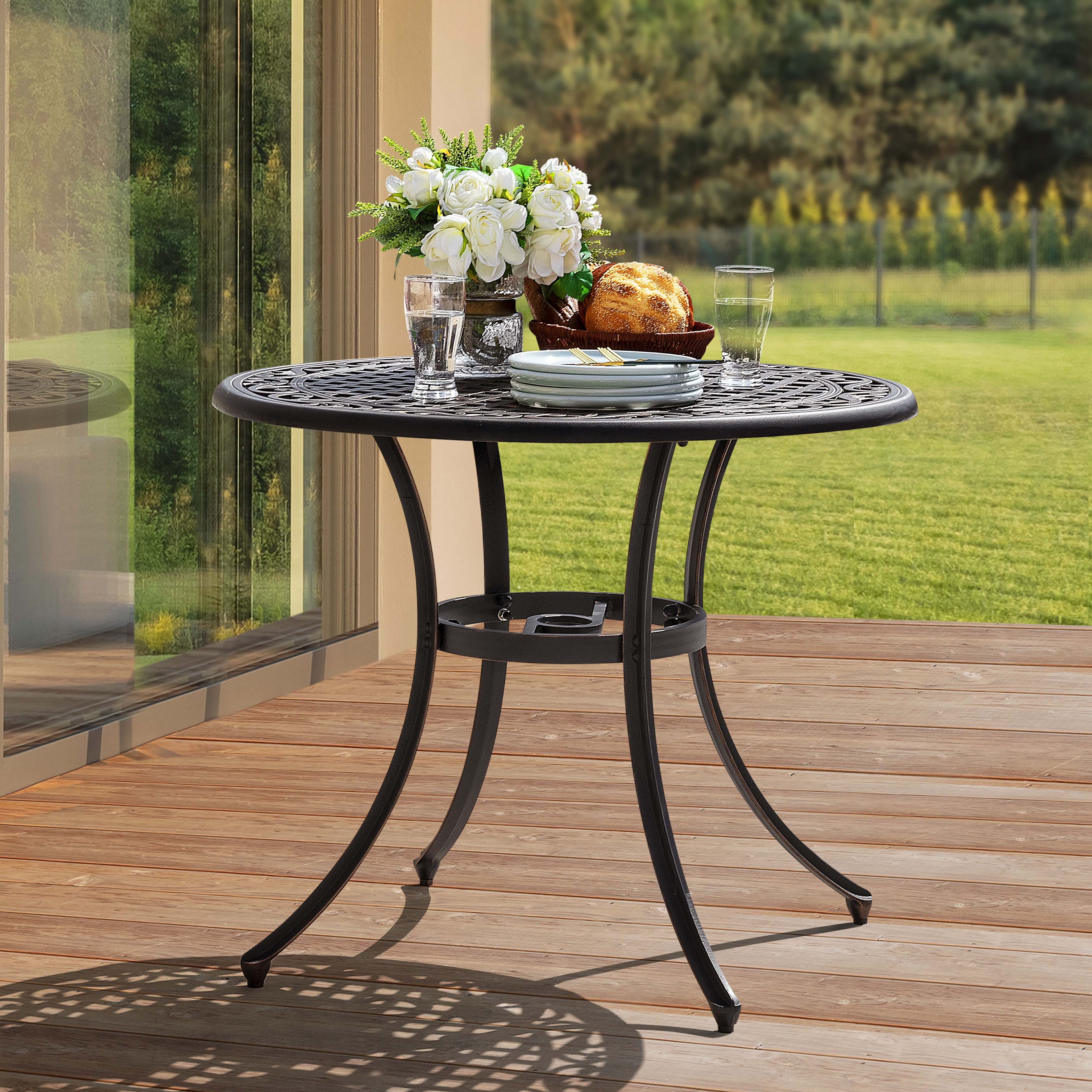 Nuu Garden 36" Cast Aluminum Outdoor Dining Table Round Patio Bistro Dining Table with Umbrella Hole,Black with Antique Bronze at The Edge - image 3 of 9