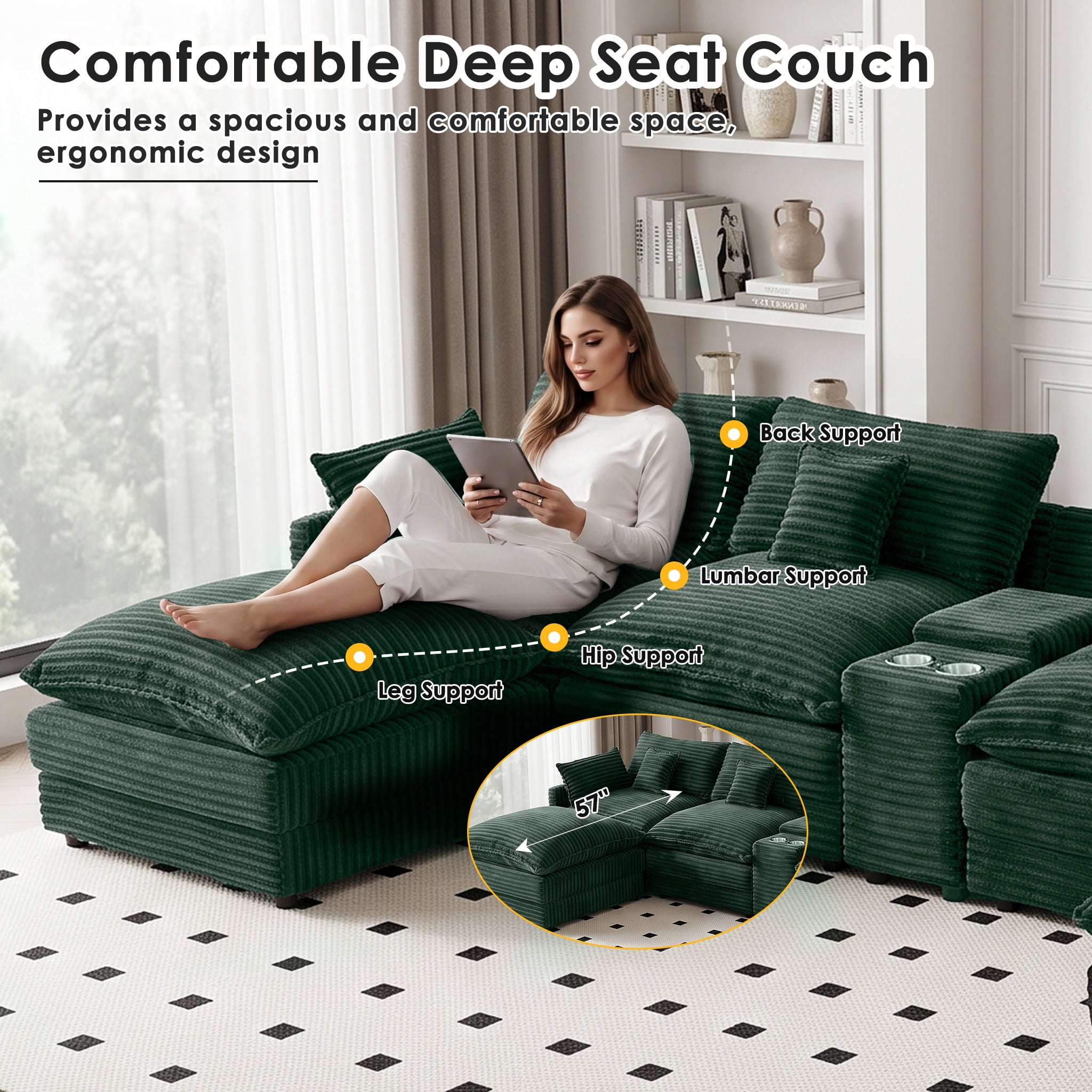 Wakefit 141" U Shaped Sectional Couch, Oversized Modular Sectional Sofa, 5 Seater Corduroy Cloud Couch with Hidden Storage, USB Ports & Cup Holders for Living Room, Green