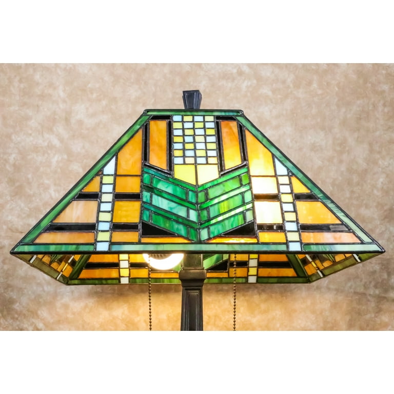 Louis Comfort Tiffany Mission Style Geometric Green Arrow Glass Shade Table Lamp Union Rustic