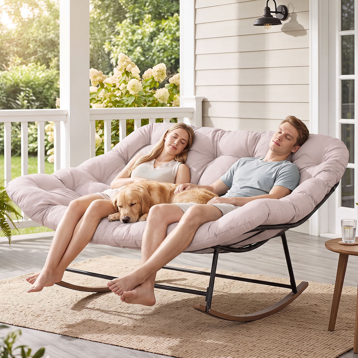 BaPiPro Oversized Double Papasan Rocking Chair with Thick Cushion, 2 Person Outdoor Rocking Loveseat, Heavy Duty Double Egg Chair with Wood Grain Base for Patio Porch, 440lbs Capacity, Light Gray