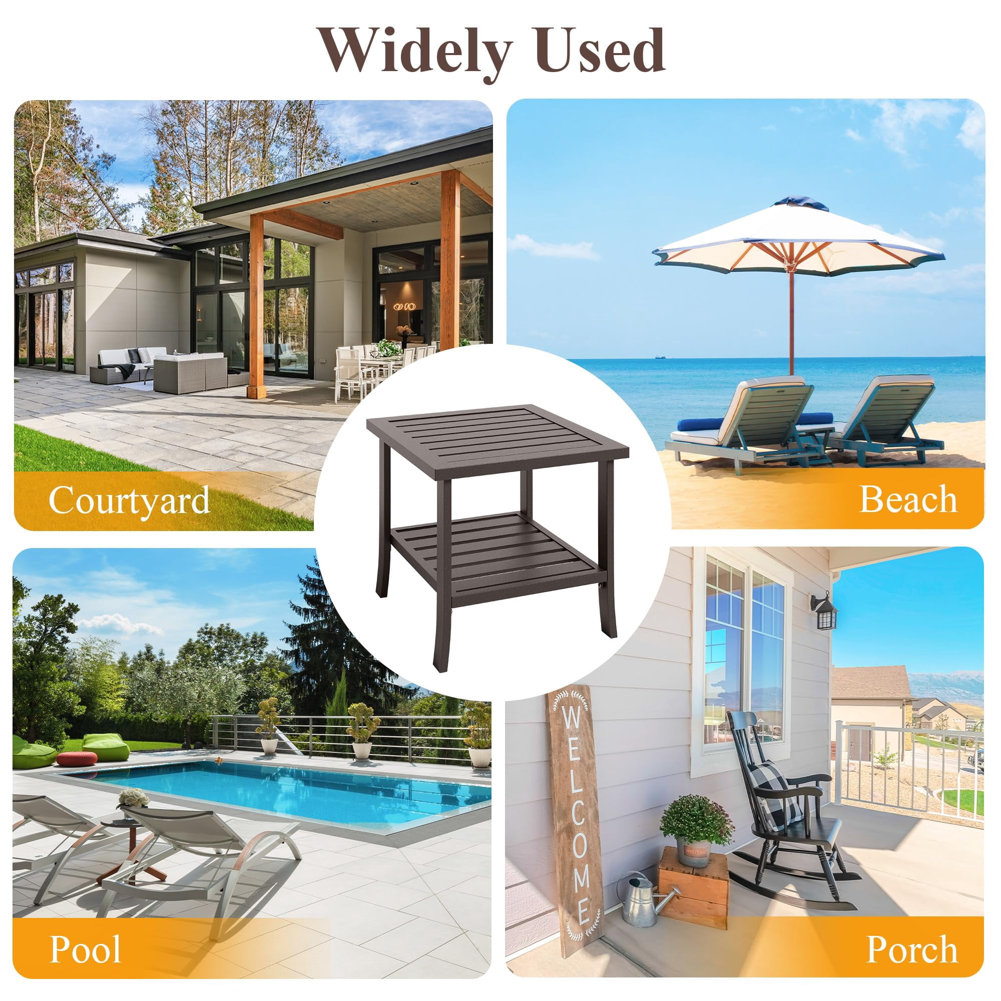 Heynemo 2-Tier Storage Square Patio Side Table, Outdoor Coffee Table, All-Weather Metal Patio End Table for Porch Backyard Garden, Brown