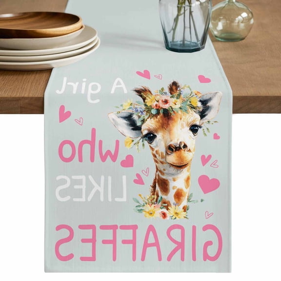 Table Runner 60 Inches Long for Kitchen Dining, Grey Pink Giraffe Dresser Scarf Farmhouse, Dining Table Decorations for Wedding/Parties, Love Heart Spring Floral Botanical 13 x 60 In