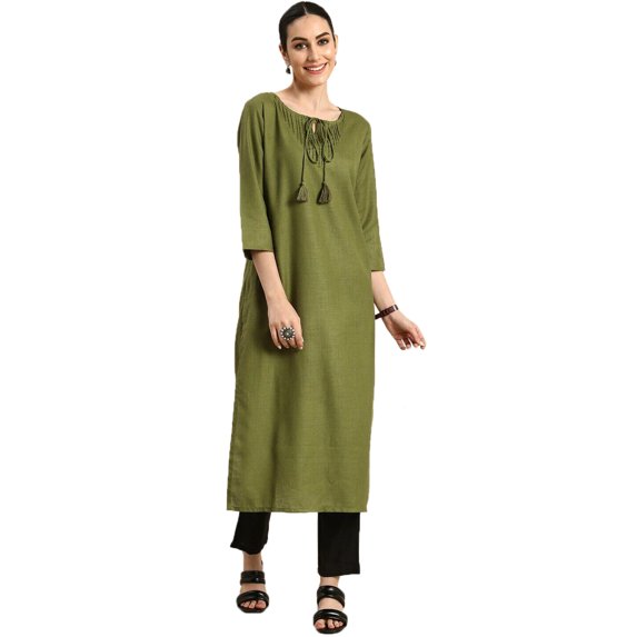 eloria Women's Fashion Solid Front Dori Tie-Up Neck Design Kurti, Fabric : Cotton, Color : Green, Size : X-Small