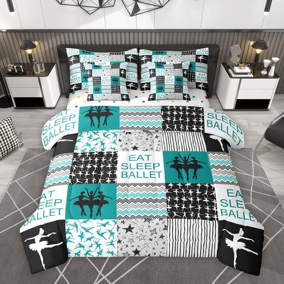 Homewish Eat Sleep Ballet Twin Bedding Sets 7-Piece for Kids, Chic Stripes Lines Bedding Comforter Set, Green Buffalo Patchwork Reversible Sheet Sets, Breathable Home Decor