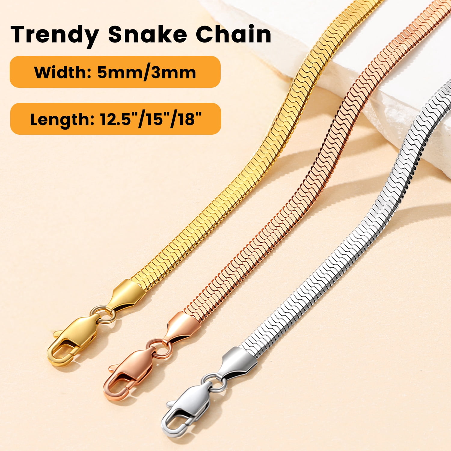 Bestyle Snake Chain Necklace for Women Dainty Herringbone Choker Stainless Steel Necklaces Everyday Wear Mother's Day Jewelry (3mm, 12.5")
