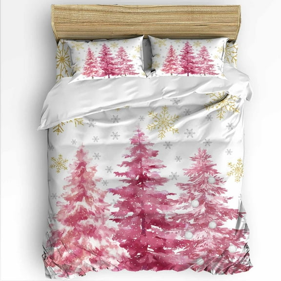 Pink Christmas Tree King Size Comforter Set, Xmas Pine Trees Gold Winter Snowflakes Soft Bedding for All Seasons, 4 Pcs Bed Set with 1Comforter (90"x106") ,1 Sheet(94"x116"), 2 Pillowcases (19"x35")