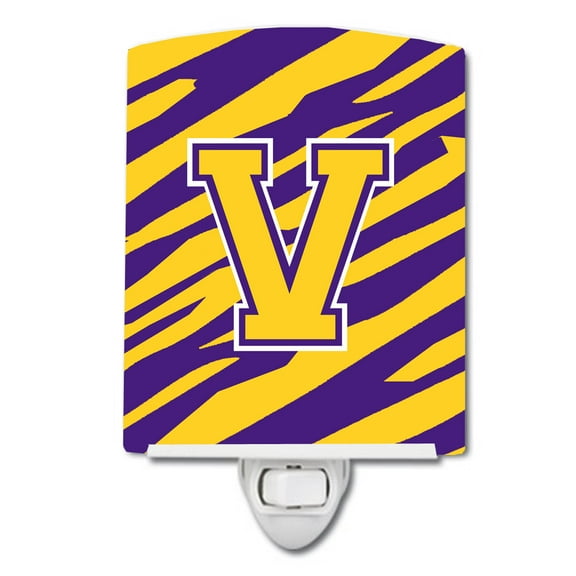 Letter V Monogram - Tiger Stripe - Purple Gold Ceramic Night Light