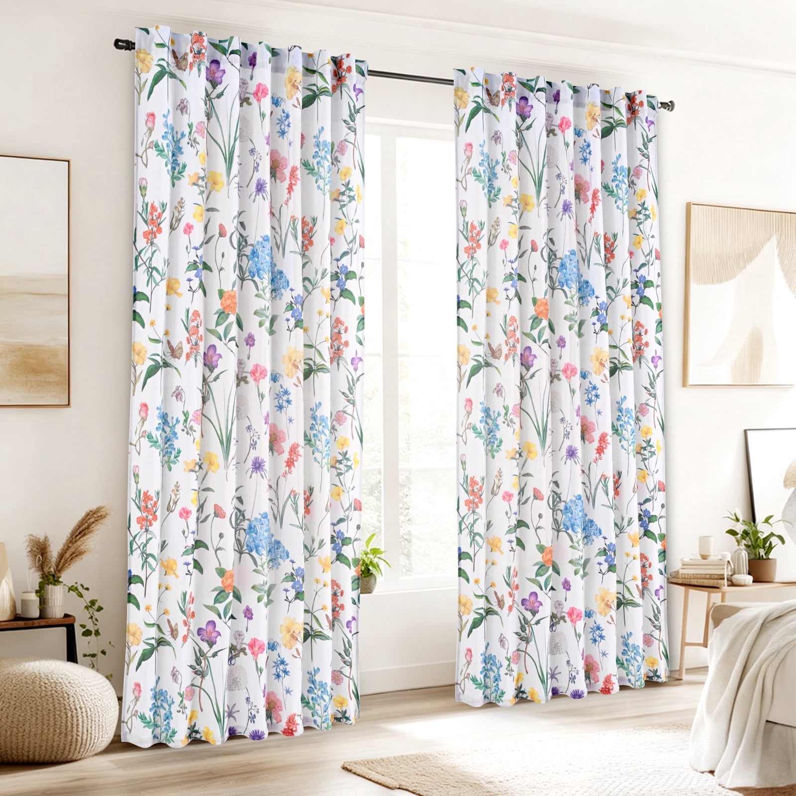 Invoibler Farmhouse Floral Semi Sheer Light Filtering Curtains, Cotton Blend Window Drapes for Living Room Bedroom, 52" W x 84" L, Set of 2
