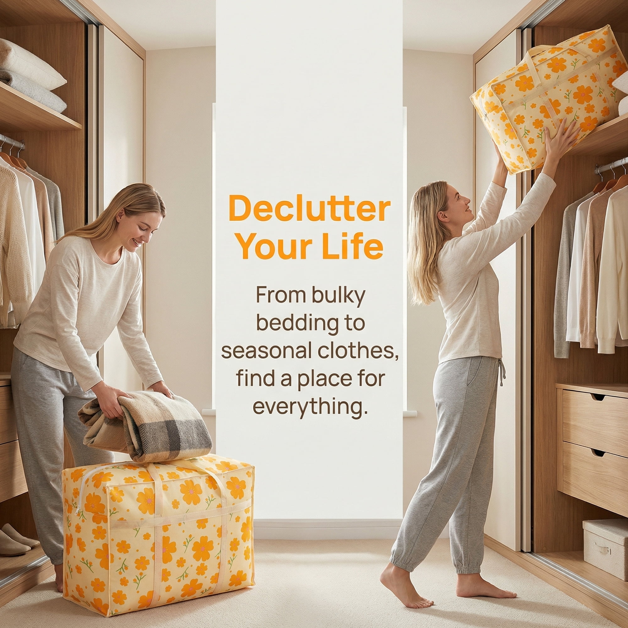 Unique Bargains Foldable Storage Bags for Organizing Livingroom Orange 18.5"x9.8"x11.8"