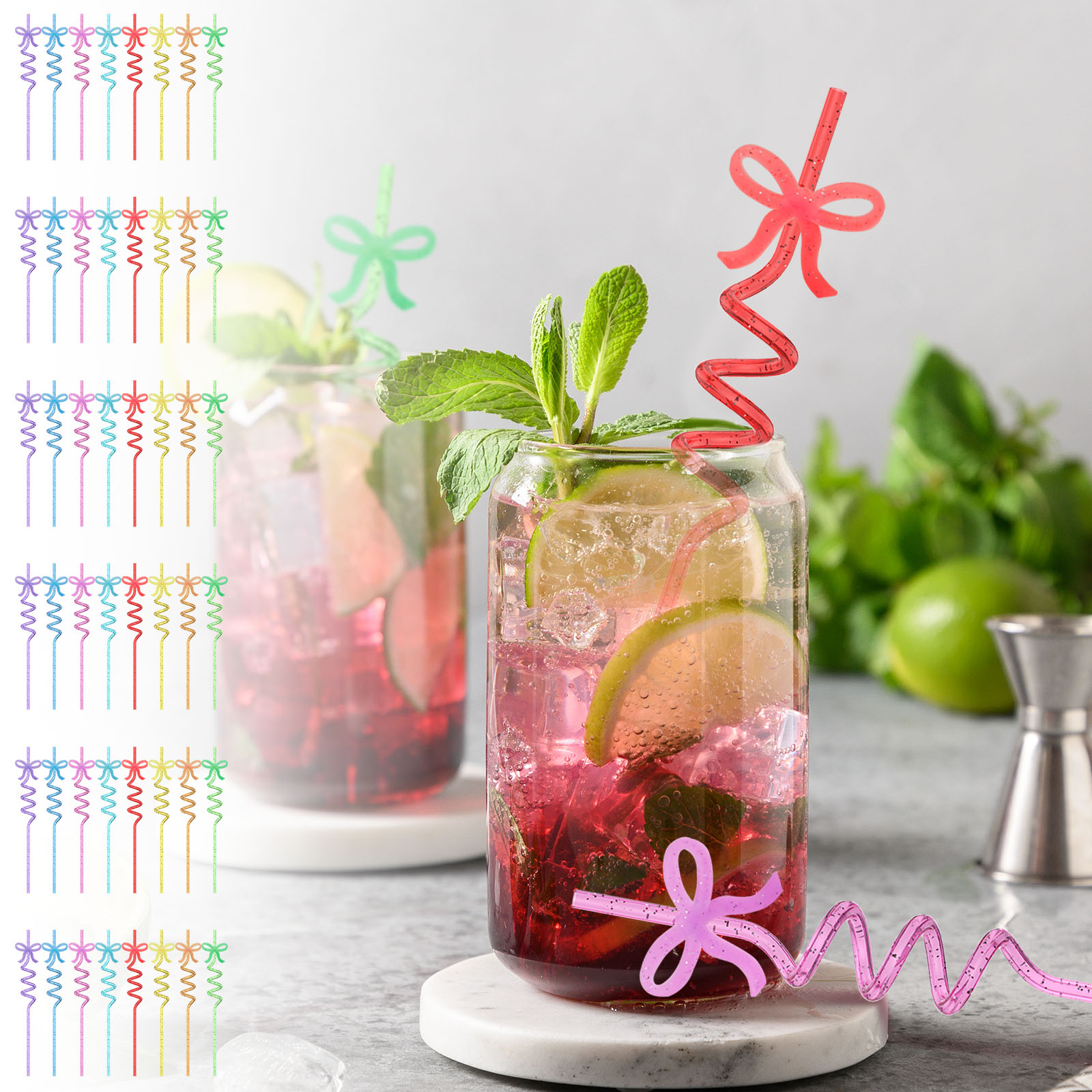 48 Pcs Colorful Straws Reusable Straws Thickened PET Spiral Detachable Bow for Parties
