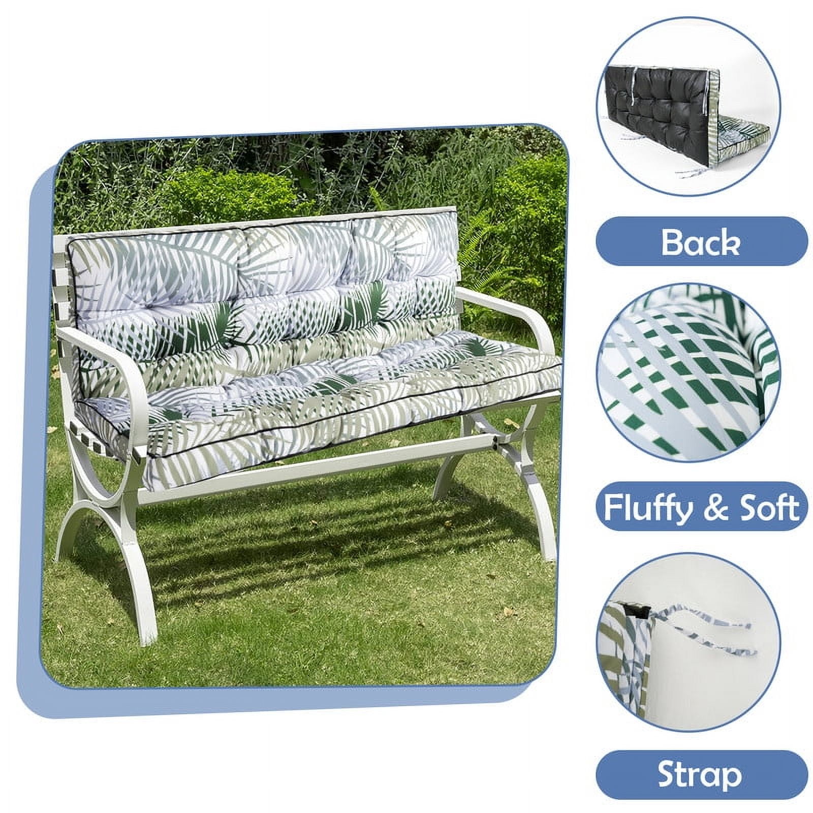 Porch Swing Cushions, Swing Cushions 3 Seater Replacement with Backrest, Thicken 4" Waterproof Bench Pad Cushions, Outdoor Loveseat Cushions Non-Slip Chairs Pad (Bamboo Leaves)