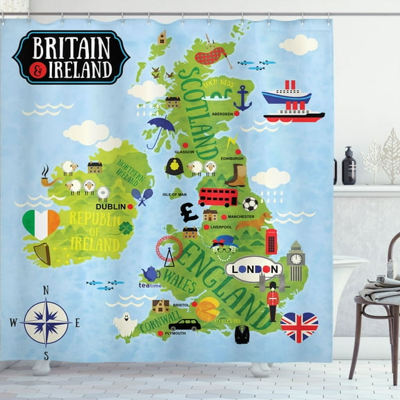 Ambesonne Cartoon Shower Curtain, Maps of Britain Ireland, 69"Wx75"L, Pale Blue Apple Green
