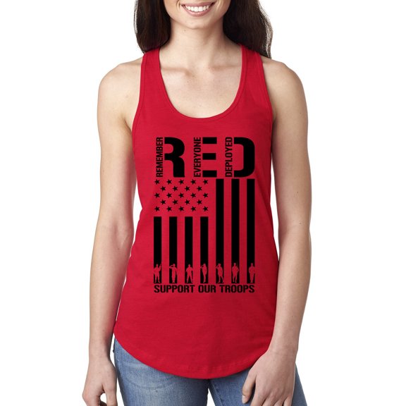 Wild Bobby Remember Everyone Deployed RED Support Our Troops Military Black Flag Women Racerback Tank Top