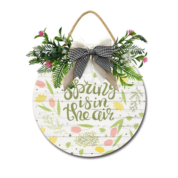 Front Door Porch Decorations Spring Is In The Air Door Hanging Sign 11 inch Wooden Wall Sign, Rustic Holiday Wreath Decor for Front Door Porch Home Window Wall Farmhouse Decorations