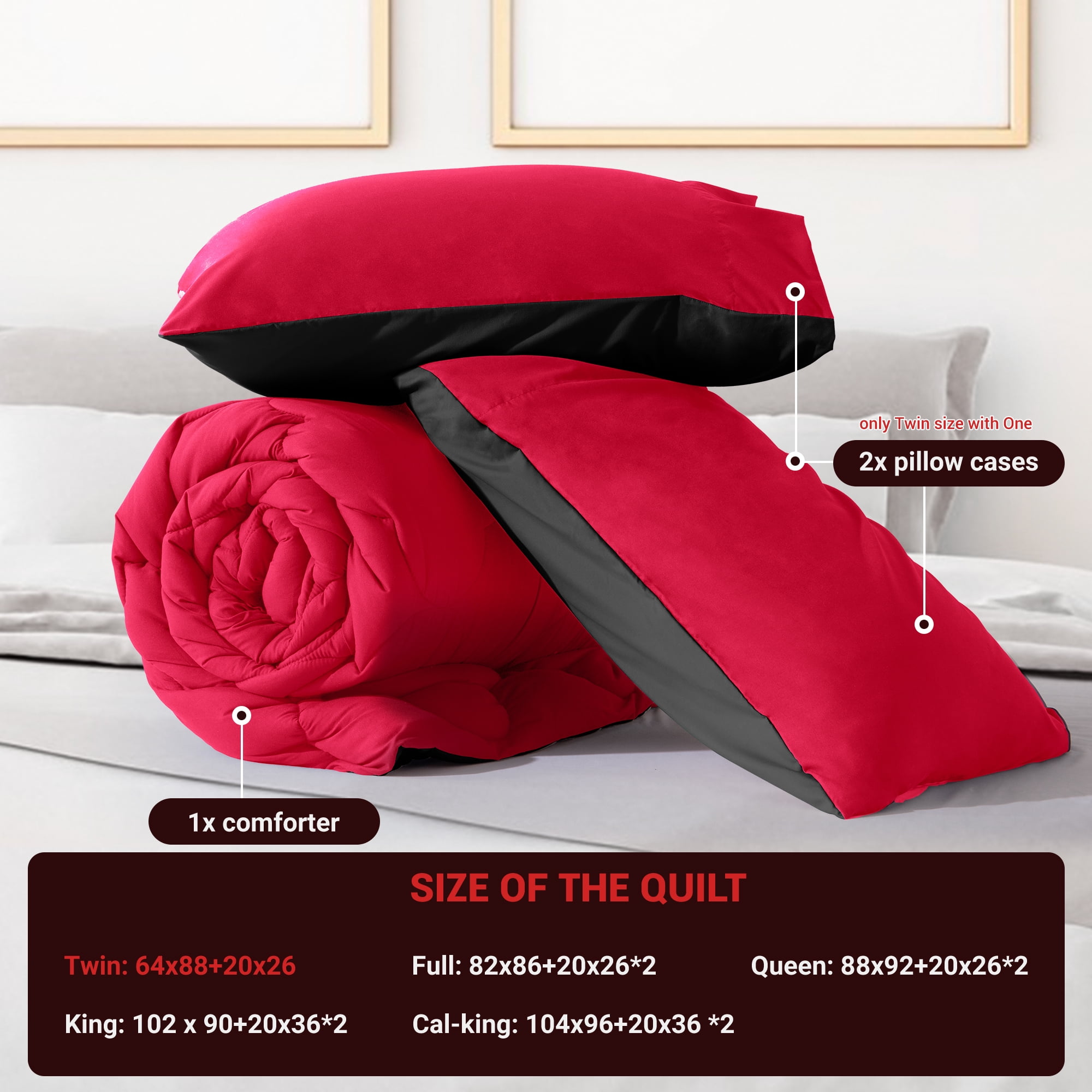 Yalamila Queen Size Comforter Set 3-Piece All-Season Down Alternative Reversible Comforter Set,Red/Black,200GSM Cooling Quilted Duvet Insert,95 GSM Soft Cover Bed in a Bag