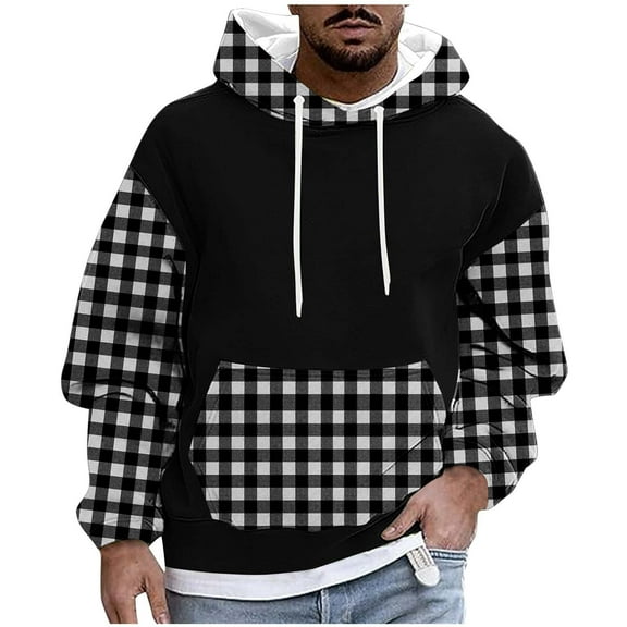 Lorytime Sweatshirt Hoodies for Men Plaid Fleece Streetwear Pullover Long Sleeve Drawstring Tops with Pocket Outerwear
