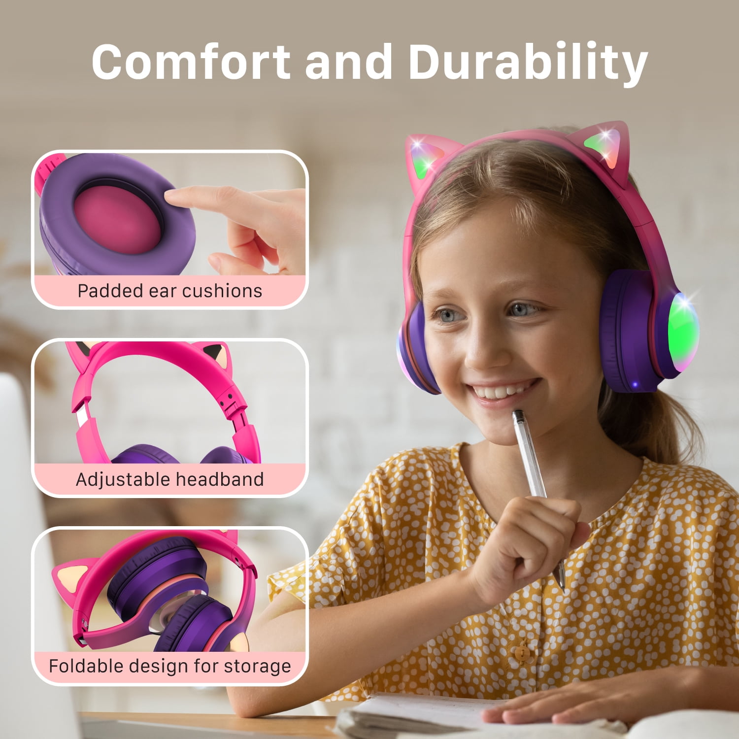 FosPower Kids Bluetooth Headphones with LED Cat Ears (85/94dB Volume Limit & 60H Play Time) Foldable Wireless/Wired Headset with 3.5mm Cable for School/Travel - Hot Pink/Purple