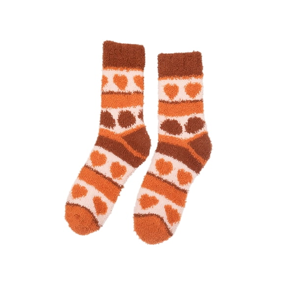 Thanksgiving Coral Fleece Socks Soft Plush Crew Socks With Heart Pattern Fuzzy Striped Cozy Indoor Home Socks For Women