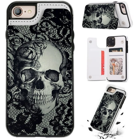Skull iPhone 13 Wallet Case with Card Holder,iPhone 12 Case iPhone SE(2020) 11 X XR XS 8 7 6 Wallet Premium PU Leather Kickstand Card Slots,Double Magnetic Clasp and Durable Shockproof Cover