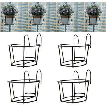 NOGIS 4PCS Hanging Railing Planter, Over the Rail Flower Pot Holder Hanger, Balcony Planters Railing Hanging, Round Plant Baskets Metal Potted Mounted Deck Porch Patio for Indoor Outdoor, Black