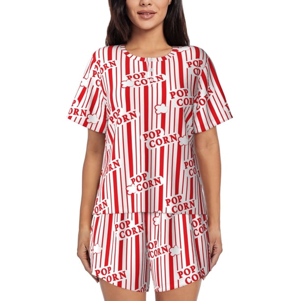 Balery Popcorn 1 Conjunto de Pijama para Mujer con Estampado, Dos Piezas de Manga Corta y Shorts, Ropa de Dormir Suave con Cuello Redondo y Bolsillos-Medium