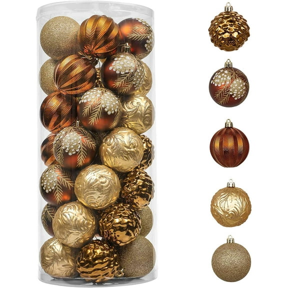 Christmas Ornaments Set for Fall Decor, 35ct 2.76 Inches Brown Copper Gold Shatterproof Christmas Tree Decorations, Woodland Bronze Hanging Ball Bulk for Thanksgiving Autumn Harvest