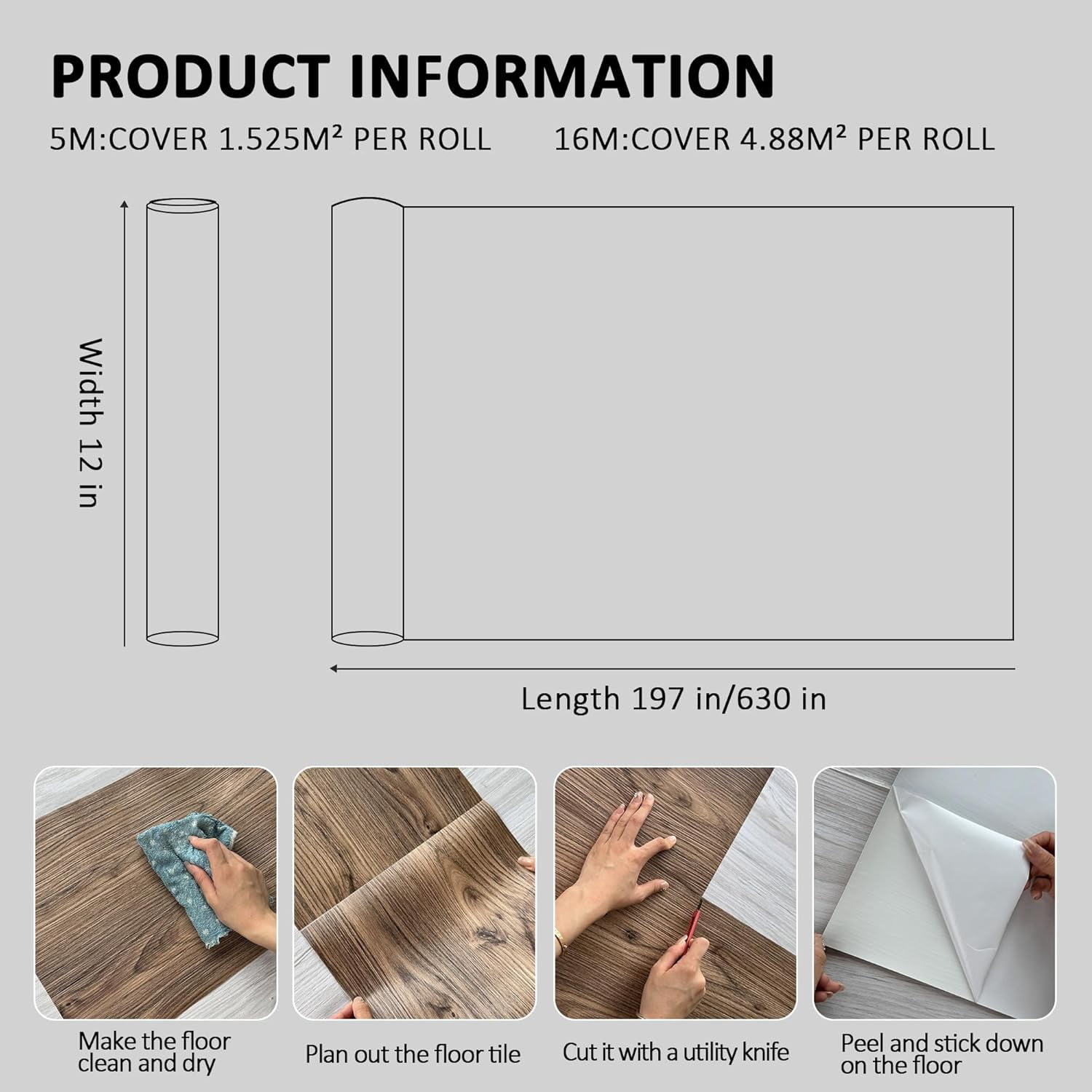 Peel and Stick Floor Tile – 197" Length 12" Width Roll - Dark Brown Self-Adhesive Vinyl Flooring Waterproof, Wide Wood Plank for Easy Installation, Bedroom, Kitchen (16 Sq.Ft