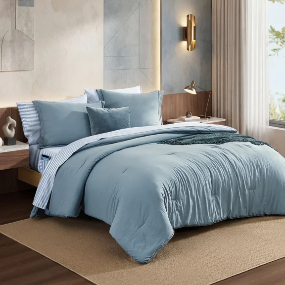Catami Soft Prewashed 7-piece Bed in a Bag Comforter Set with Sheets,Dusty Blue,Queen