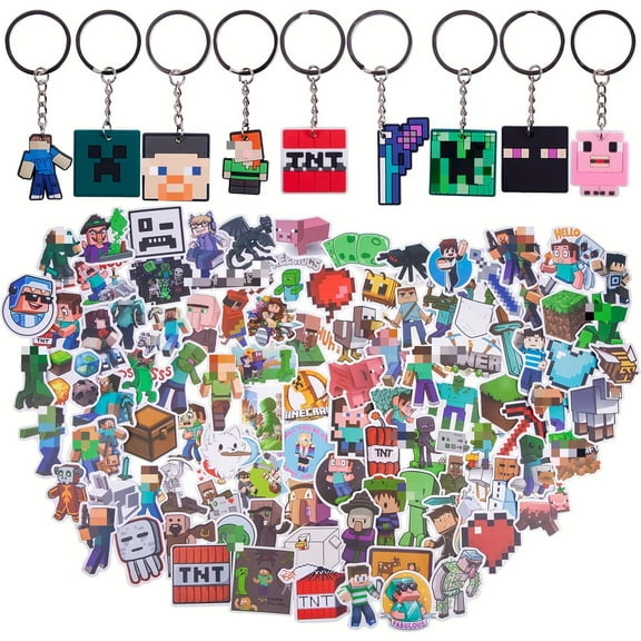 ​​Pixel Block Keychains 9-Pack & 100 Stickers Bundle - 2in Silicone Charms with Metal Rings and Vinyl Decals Gift Set​​