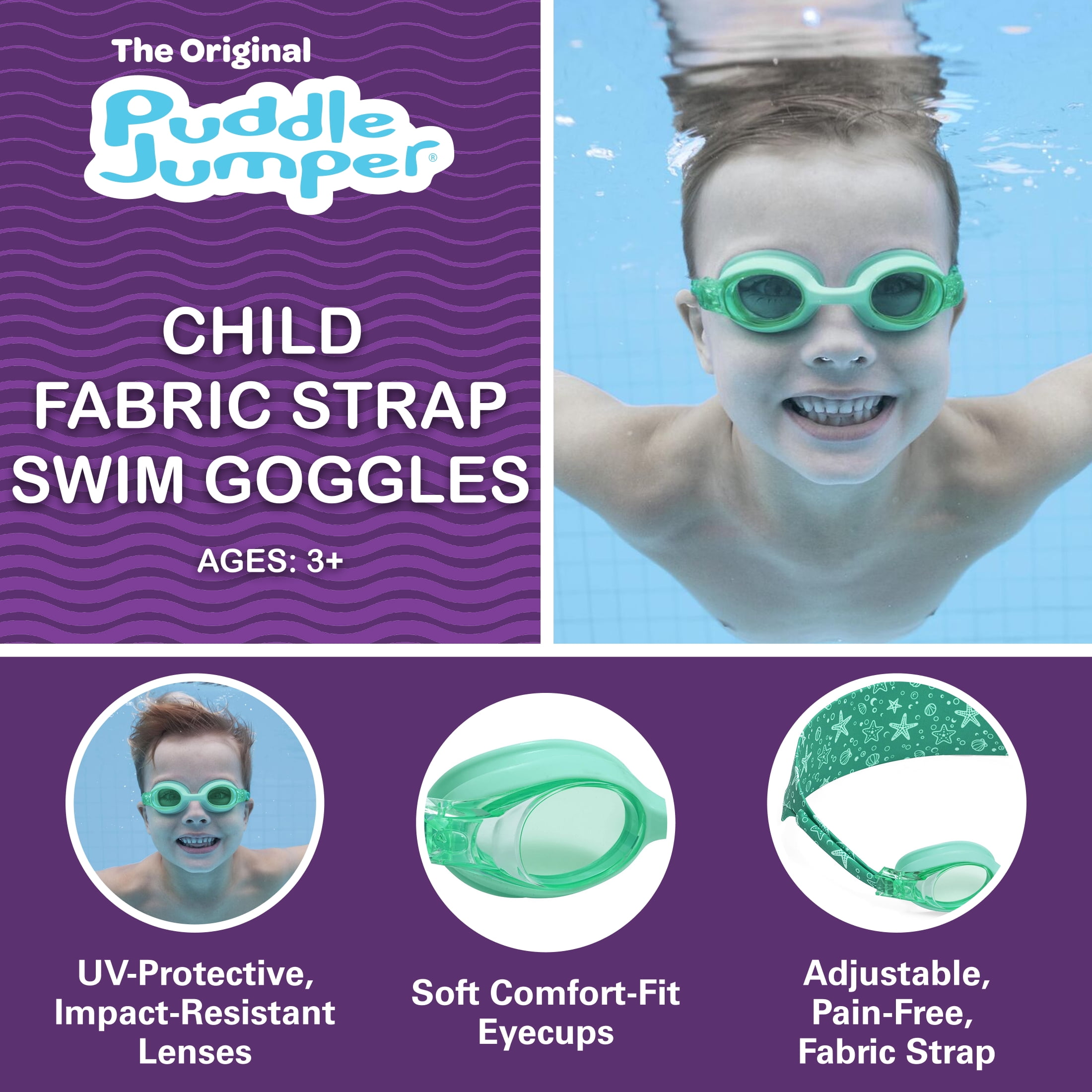 (3 pack) Puddle Jumper Child Fabric Swim Goggles, Green, Non-Latex and Non-PVC, Kids Ages 3+
