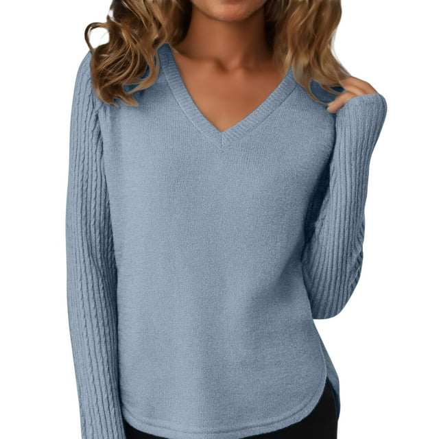Breezora Chandail à Col Rond pour Femmes à Manches Longues Automne 2025 Tendance Grande Taille pour la Mode Quotidienne taille P Bleu Clair