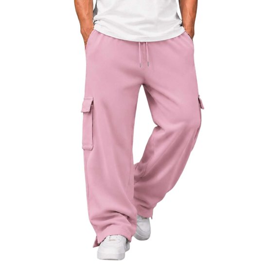 Gtoiithly Mens Solid Cargo Jogger Pants, Elastic Drawstring Waist Loose Wide Leg Sweatpants, Multi Pocket Casual Street Fashion Long Trousers Pink XL