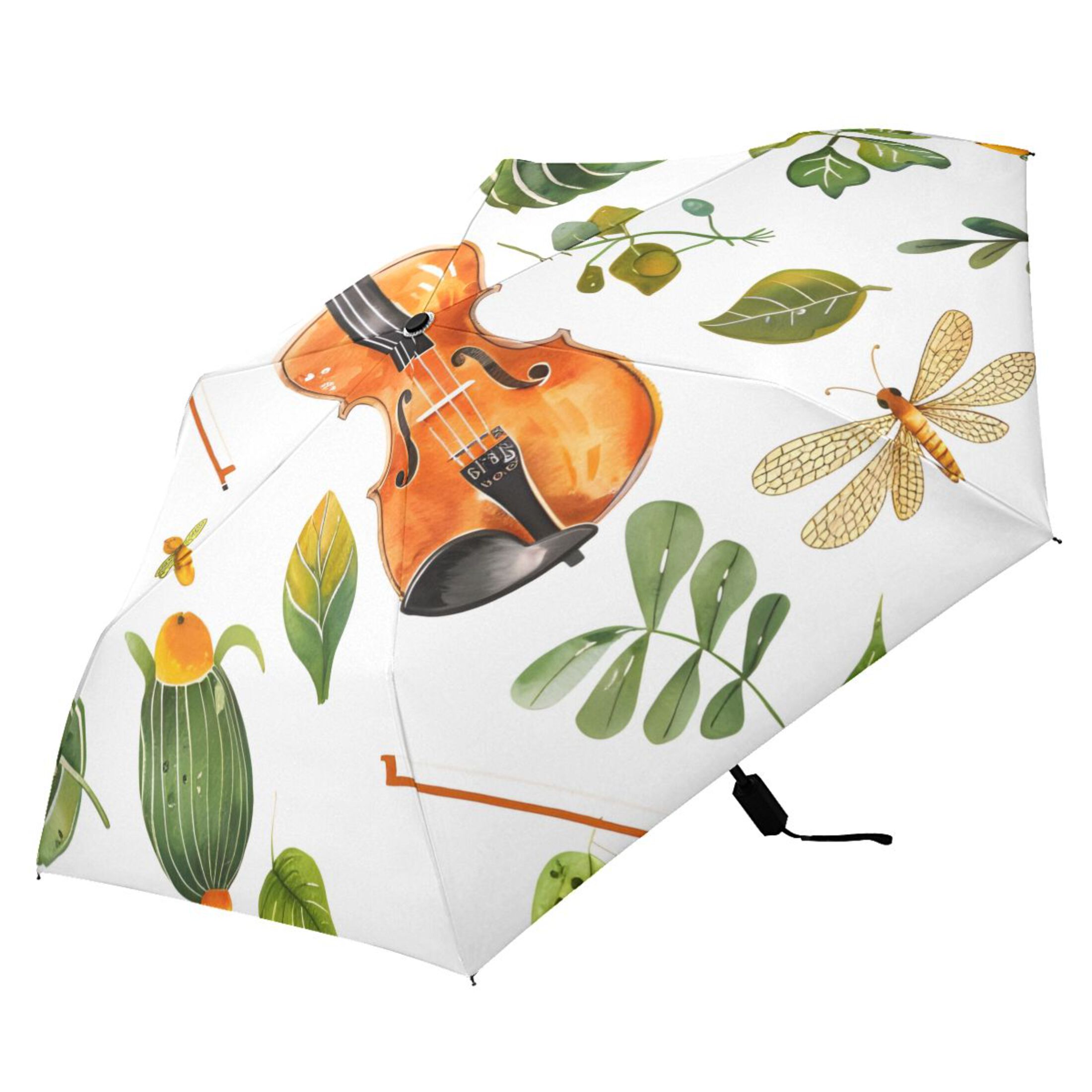 Violins and Leaves Watercolor All Weather Umbrella Triple Folding Parasol 6 Ribs UV Protection Portable