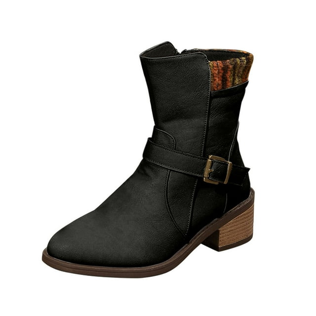 WRKEKC Womens Boots Ankle Booties Solid Square Toe Side Zipper Thick Heel Mid Heel Short Boots for Ladies Winter