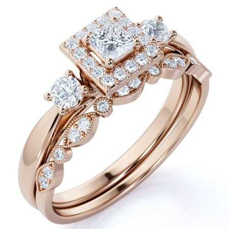 JeenMata Princess Cut Lab Grown Diamond - 3 Stone Art Deco - Halo Ring & Scalloped Band - Vintage Wedding Ring Set in 10K Rose Gold