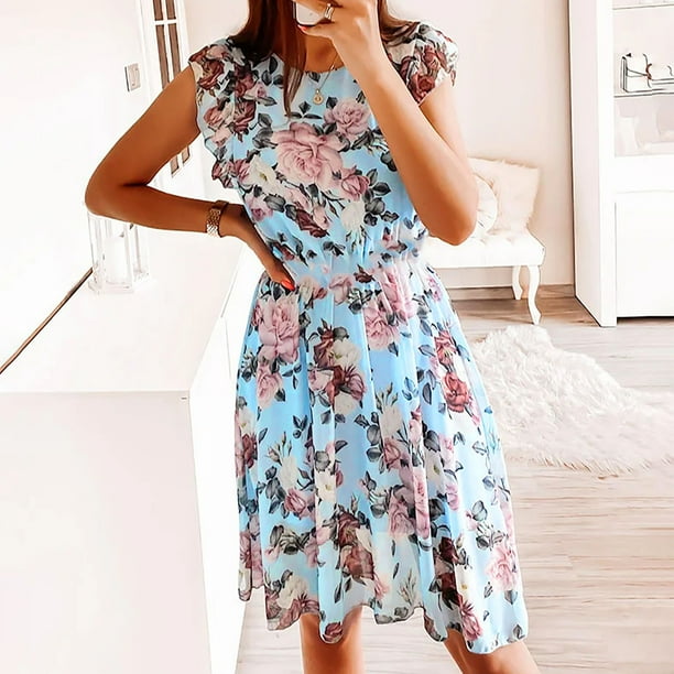 Mini vestido largo con estampado de manga corta y cuello redondo